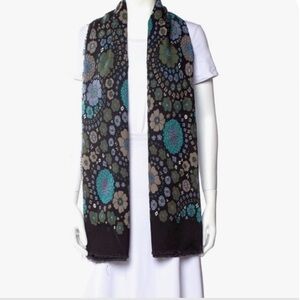 MARC JACOBS Large Wool Silk Black Olive Retro Floral Wrap Scarf Raw Edges NWOT